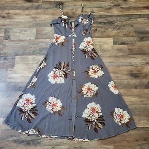 Noble U Gray Floral Ruffle Button Maxi Dress with Front Slit Size Small